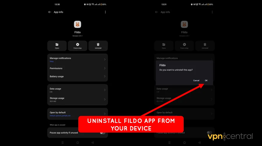 uninstall fildo app from your device
