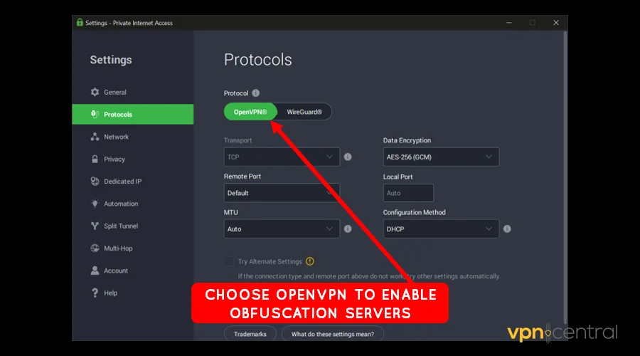 choose openvpn on private internet access