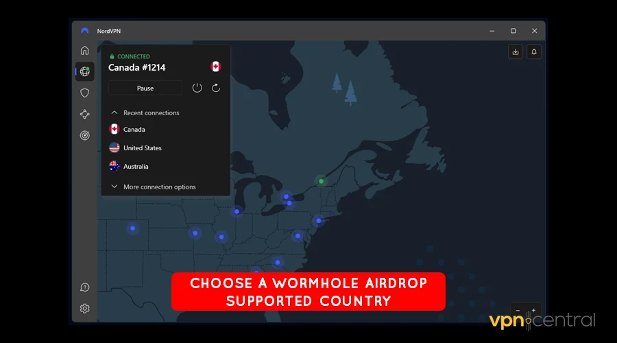 connect nordvpn to a wormhole supported country