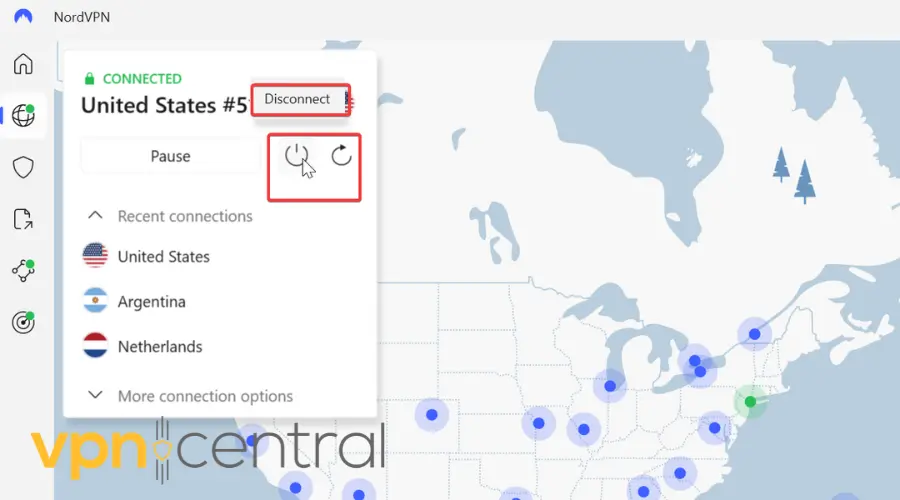 disconnecting from vpn server in the nordvpn app