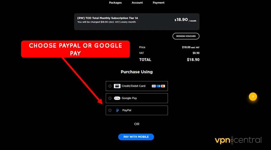 choose paypal or google pay to pay for vod tv