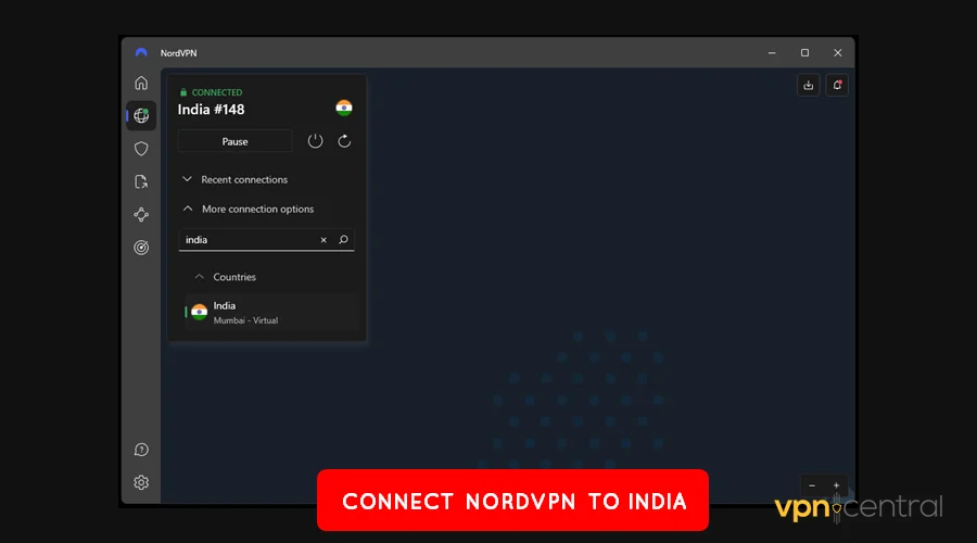 connect nordvpn to india