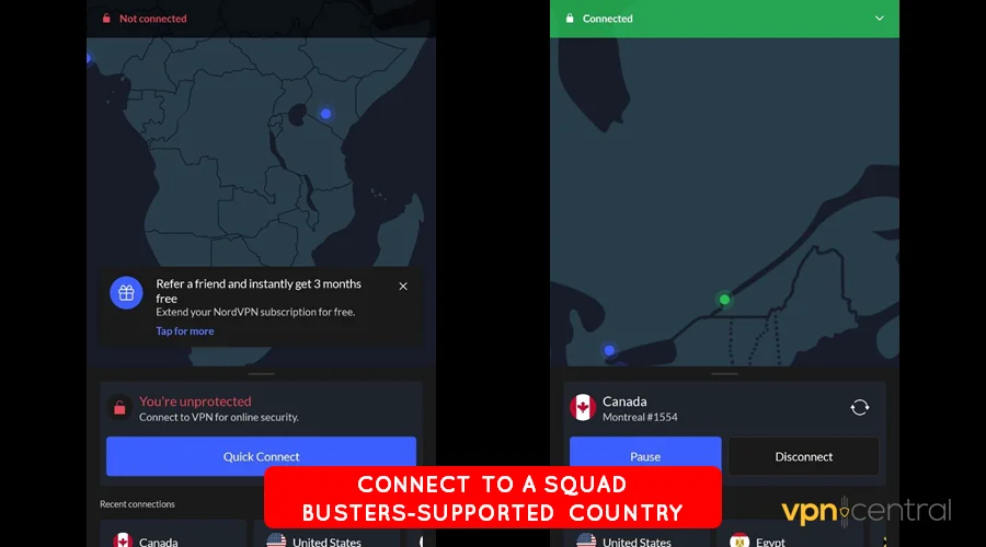 connect vpn to a squad busters supported country