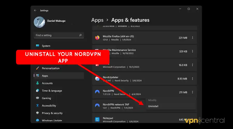 uninstall your nordvpn app