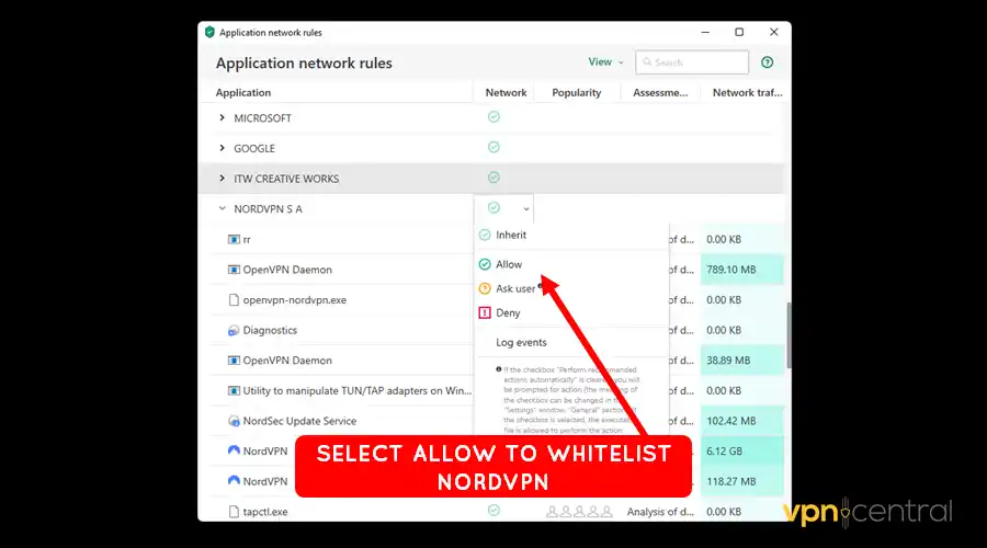 whitelist nordvpn from the list of apps