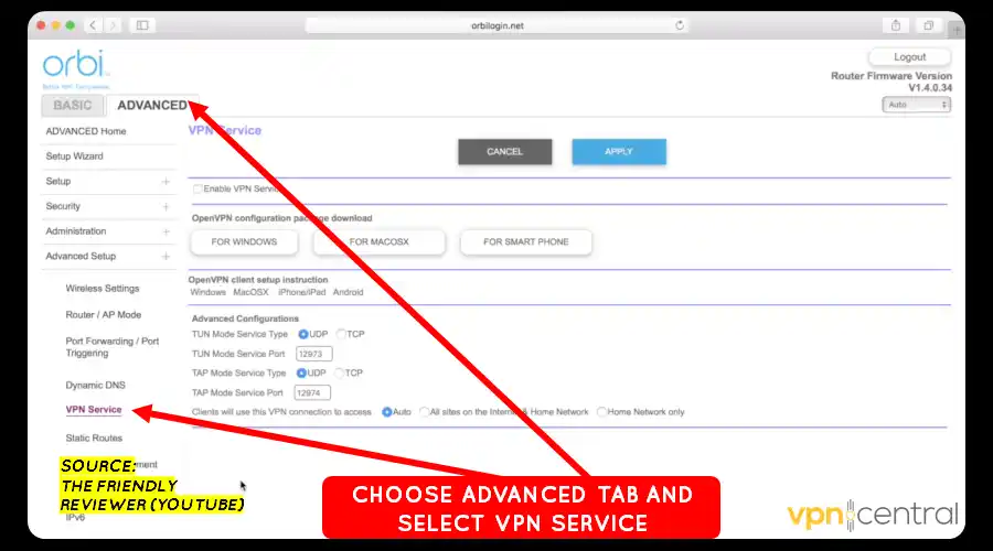choose advanced tab and select vpn service