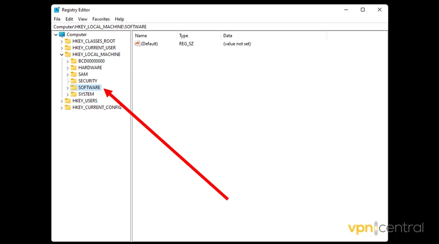 choose software on registry editor