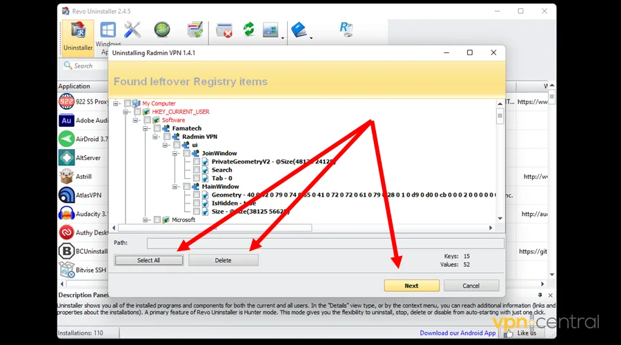 delete leftover registry items