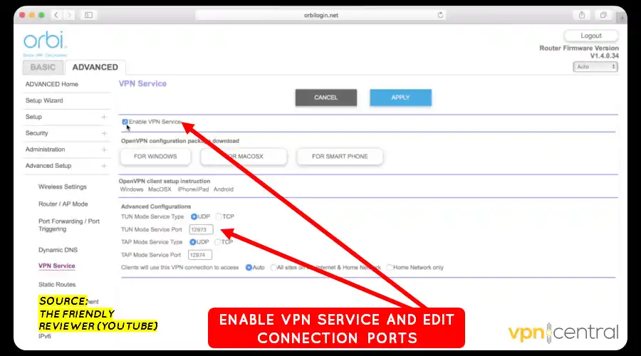 enable vpn service and edit connection ports