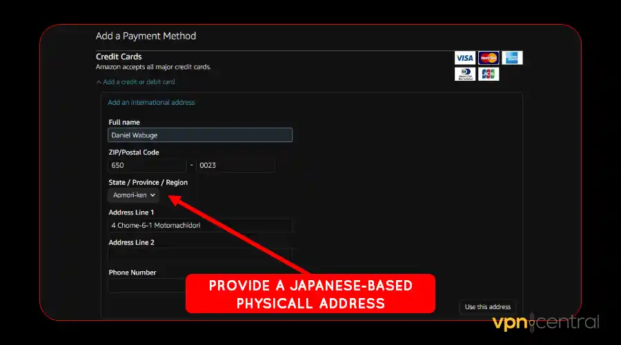 provide a japanese based physical address