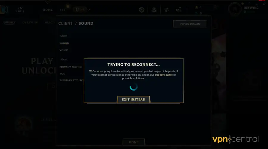 reconnection error message on league of legends
