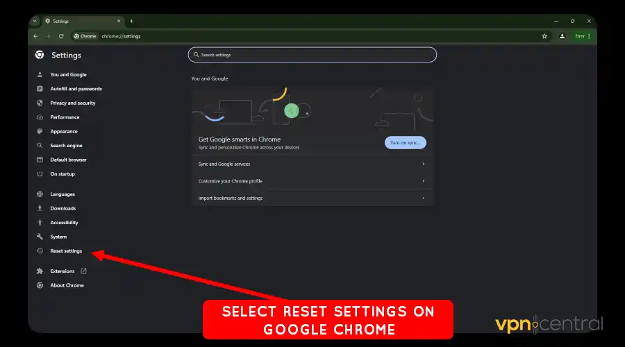 reset settings on google chrome