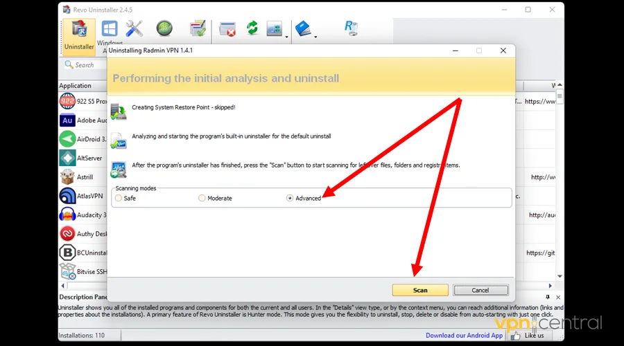 select advanced mode and choose scan