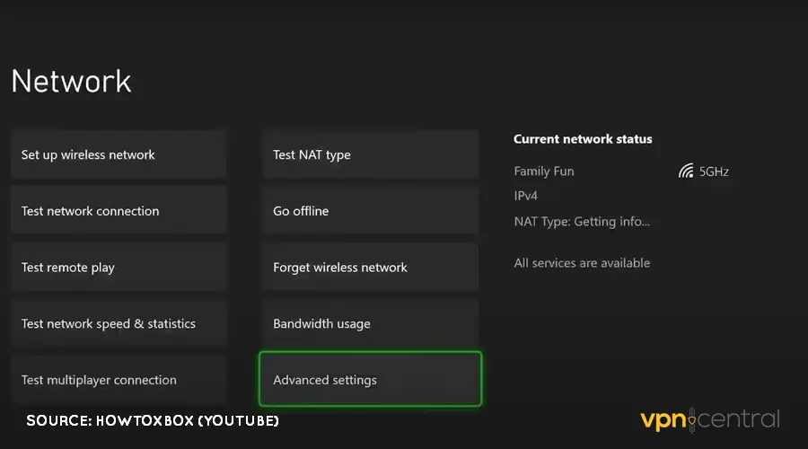 open advanced settings on xbox