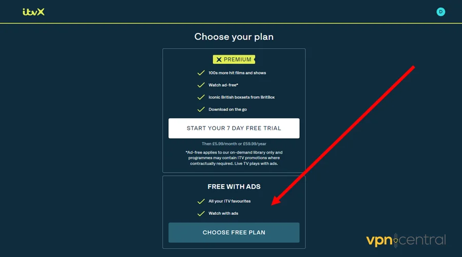 select ad supported free plan on itvx