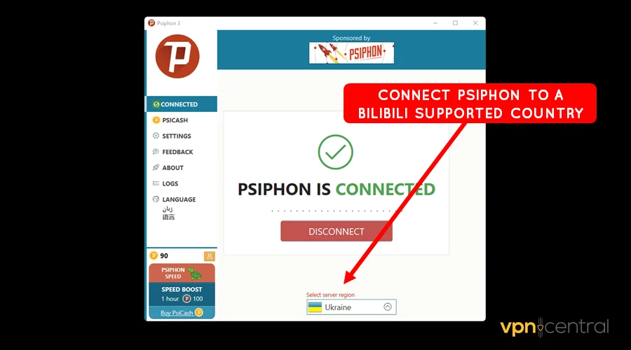 connect psiphon to a bilibili supported country