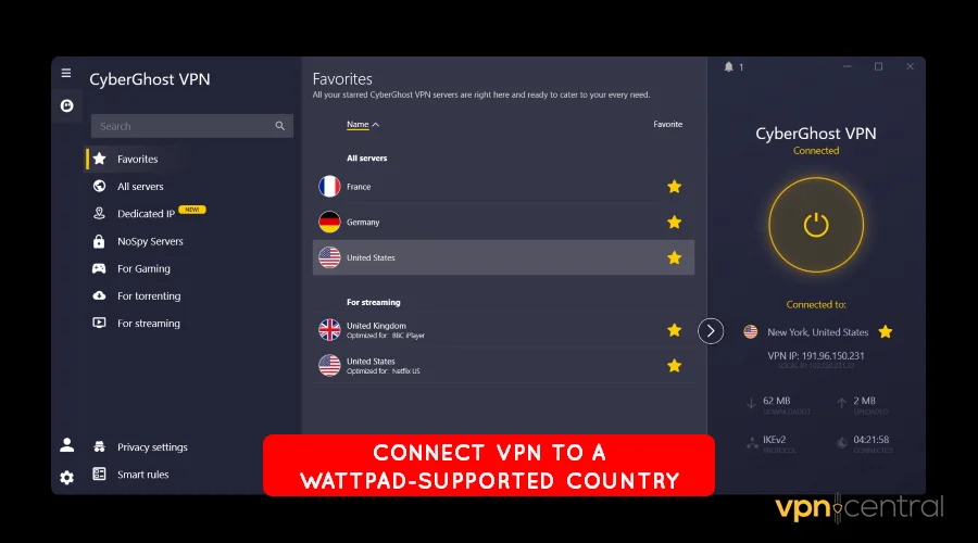 connect vpn to a wattpad supported country