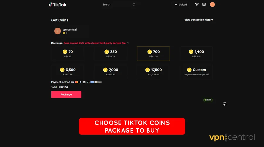 select tiktok coins package to purchase