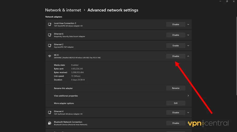 disable and enable network card