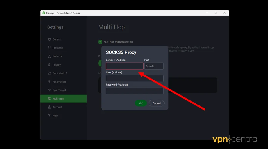 enter socks proxy details on pia