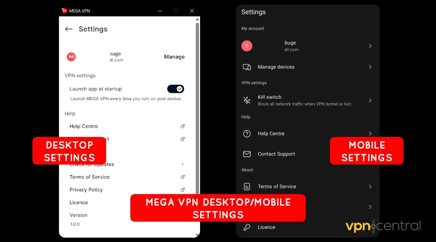 mega vpn desktop and mobile settings