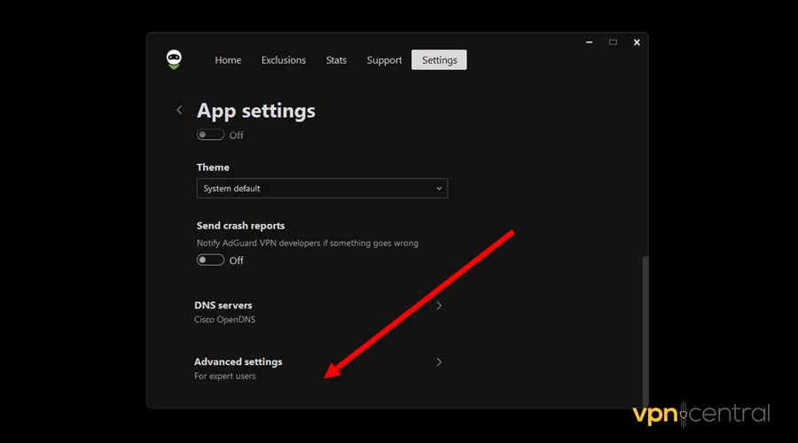 choose advanced settings option on adguard