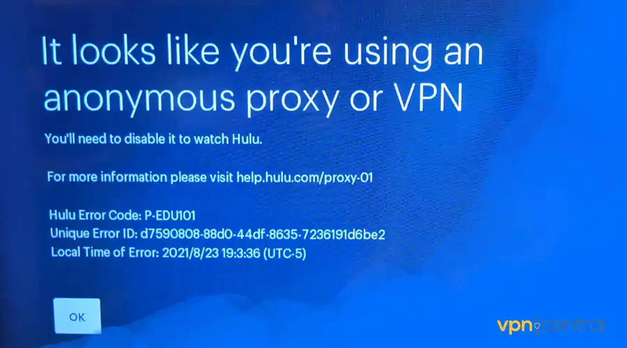 hulu vpn error message