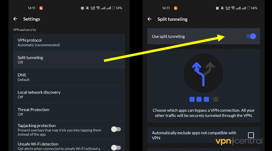 enable split tunneling on your vpn