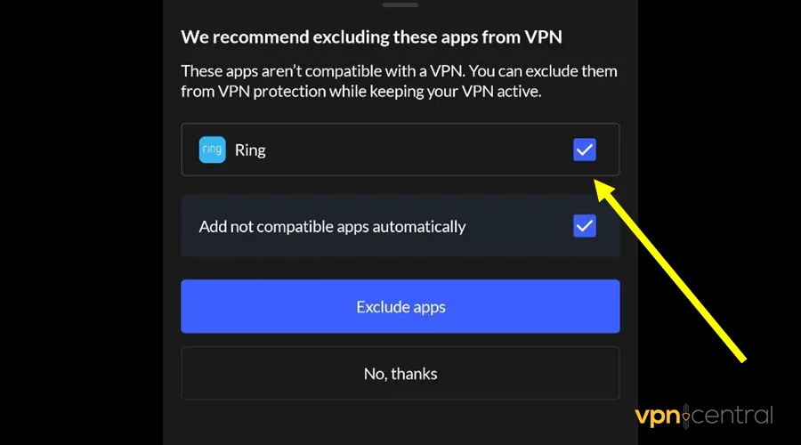 set vpn to automatically add incompatible apps to split tunneling