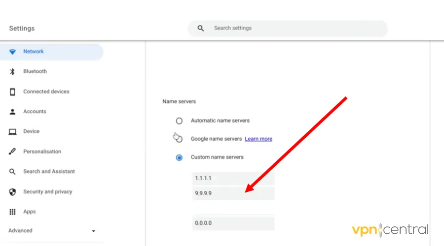 chnage dns settings on chromebooks