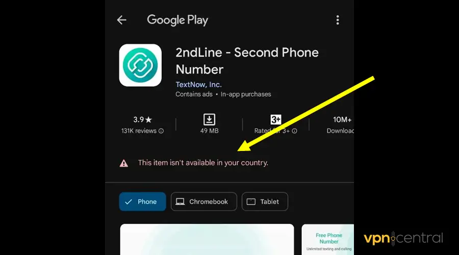 2ndline geo-restriction error on google playstore