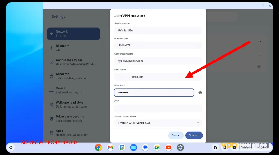 provide your vpn details on your school chromebook and connect