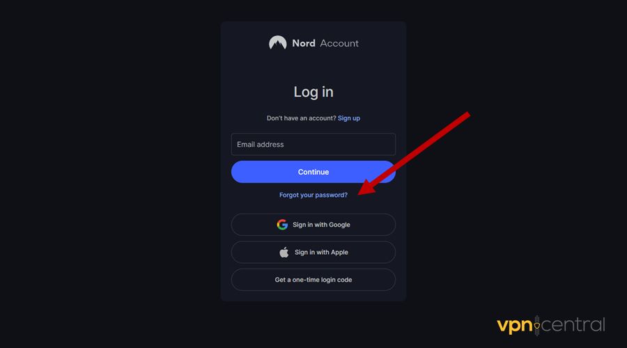 select forgot password on nordvpn's website