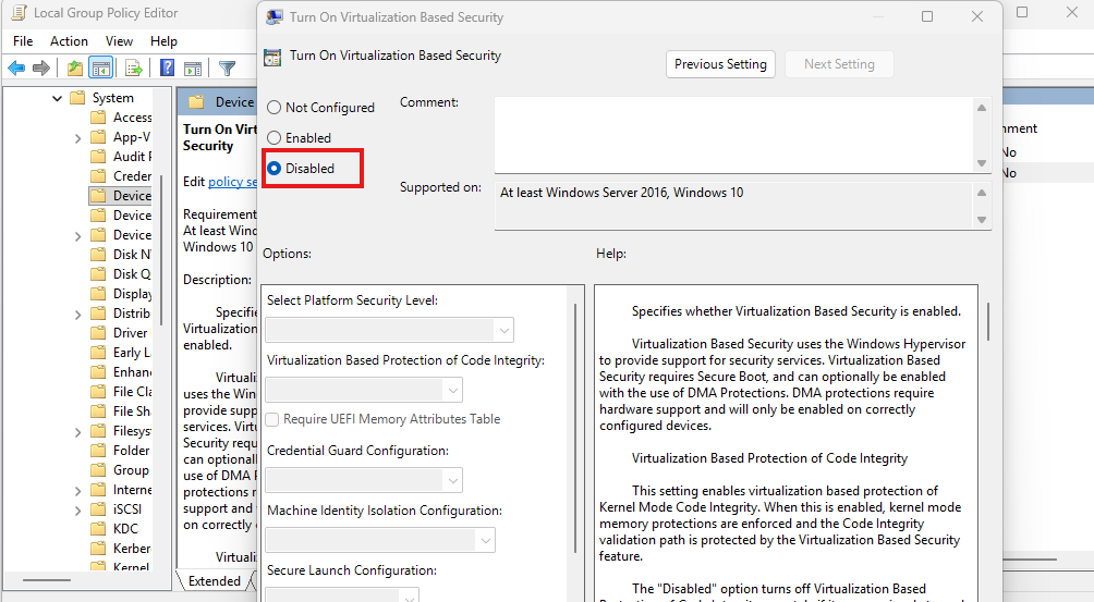 disable virtualization based security  to turn off device guard