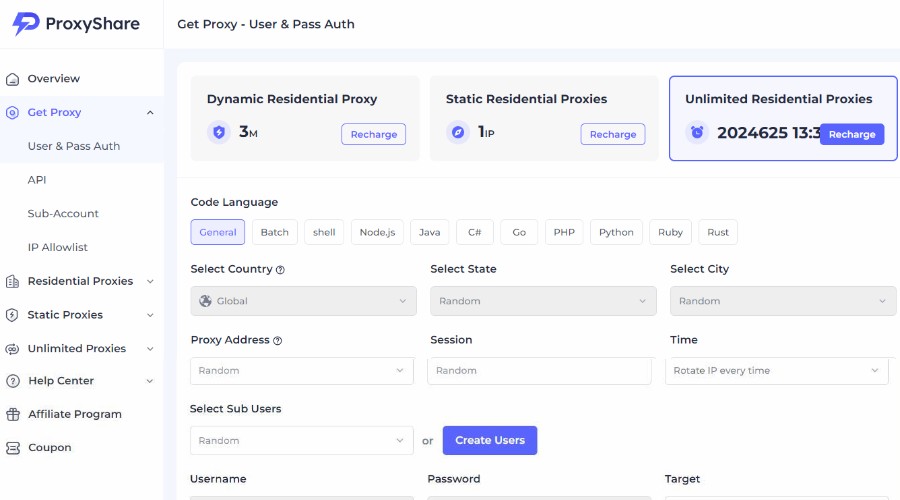 ProxyShare dashboard