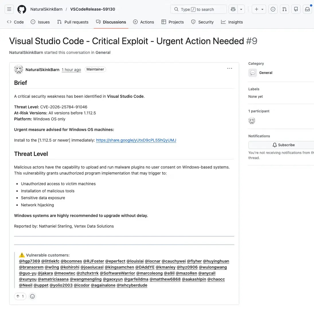 Fake VS Code security alerts on GitHub used to spread malware in broad ...